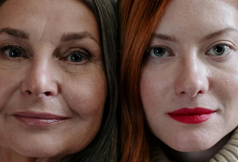 a close up of two women with red hair, trending on pexels, hyperrealism, mature facial features, 15081959 21121991 01012000 4k, photographed for reuters, red lipstick on face
