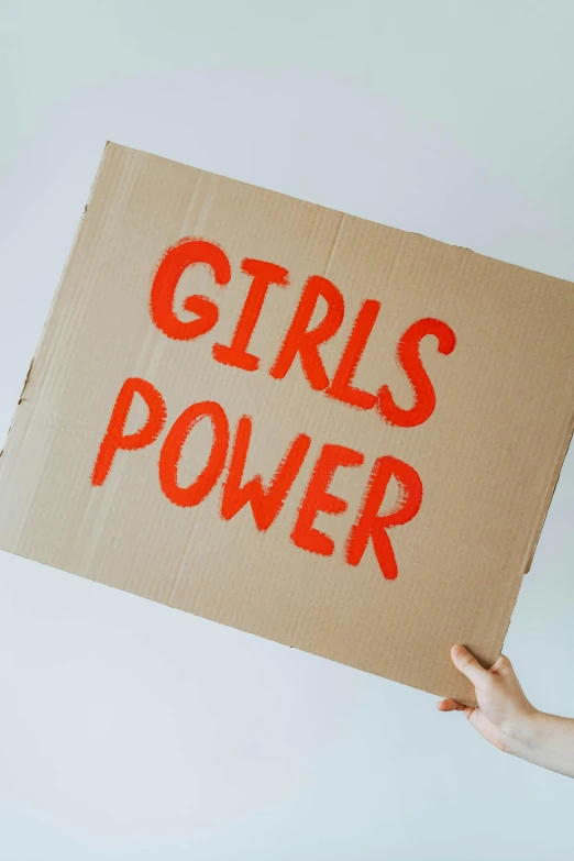 a person holding a sign that says girls power, by Ellen Gallagher, trending on pexels, cut out of cardboard, electricity superpowers, box, etsy