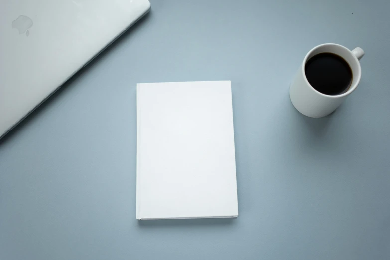 a laptop computer sitting on top of a table next to a cup of coffee, by James Morris, postminimalism, white and pale blue, notebook, book cover, white