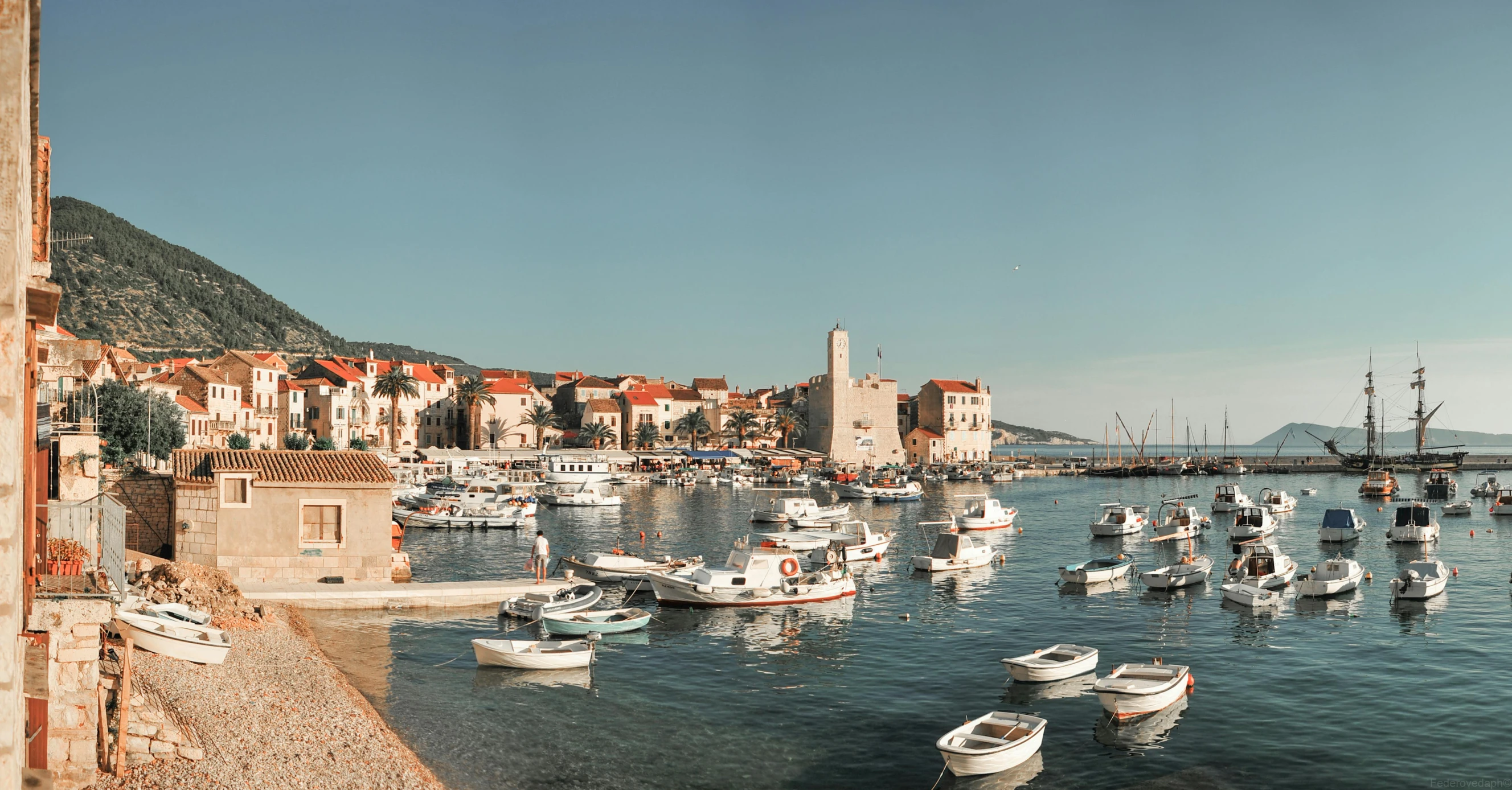 a harbor filled with lots of white boats, a picture, by Emma Andijewska, pexels contest winner, panoramic view, square, croatian coastline, full body image