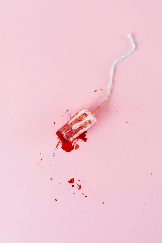 a close up of a toothbrush on a pink surface, by Elsa Bleda, conceptual art, blood in the seahighly, homicide, mouth wired shut, ilustration