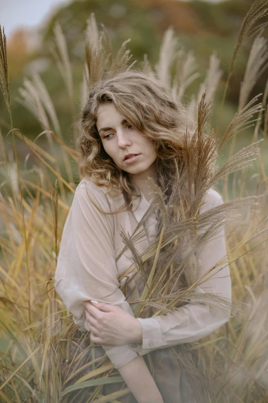 a woman sitting in a field of tall grass, inspired by Elsa Bleda, renaissance, light brown messy hair, ((portrait)), promo image