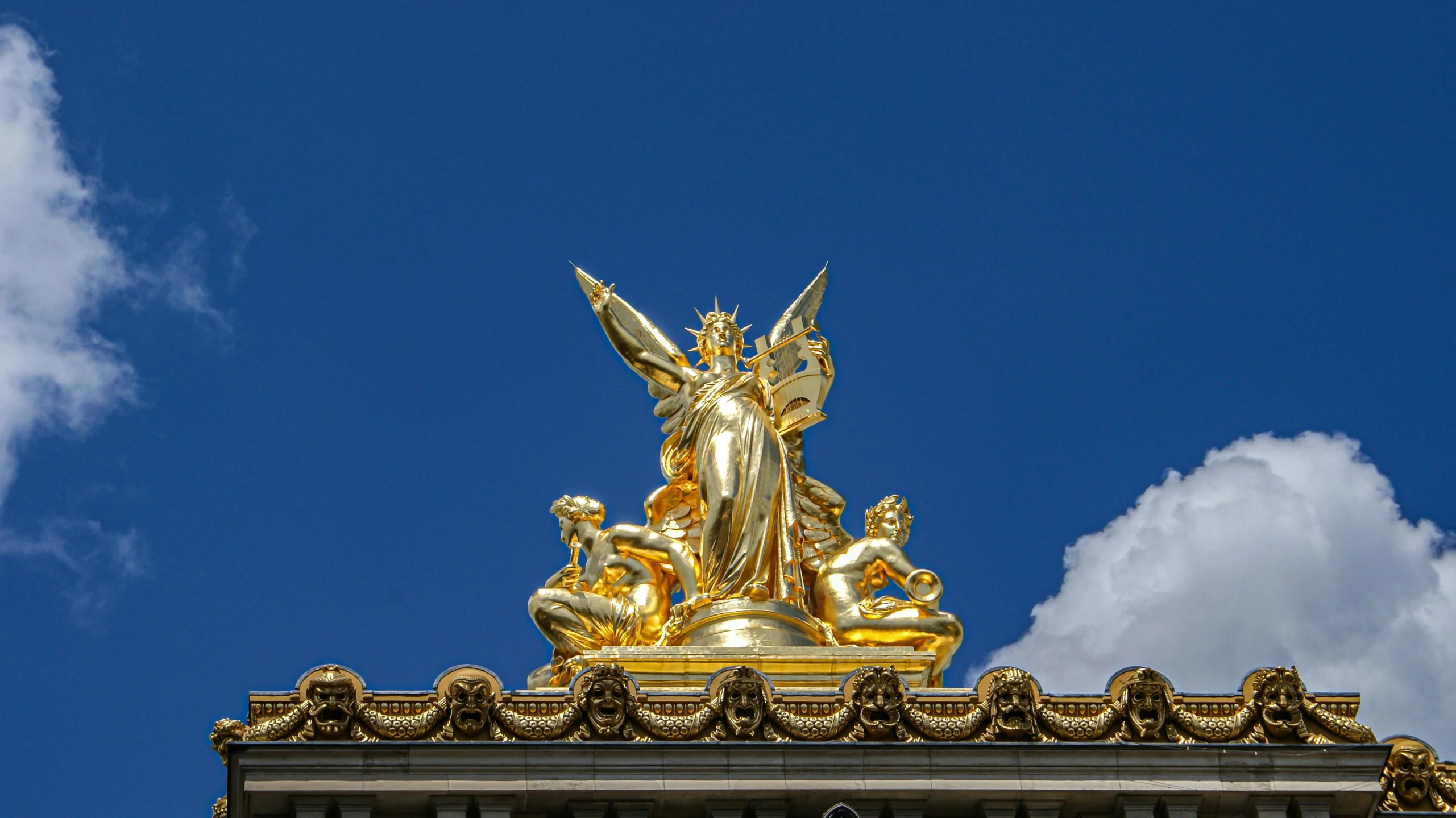 a golden statue on top of a building, by Jeff Koons, pexels contest winner, neoclassicism, avatar image, faery palace, napoleonic, triad of muses