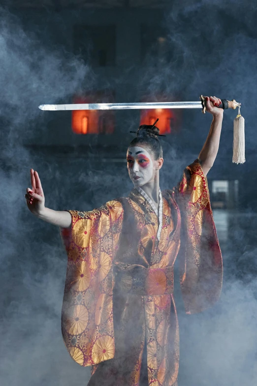 a woman dressed as a geisha holding a sword, inspired by Fu Baoshi, pexels contest winner, dramatic wielding gun pose, ninja warrior, slide show, ( ( theatrical ) )