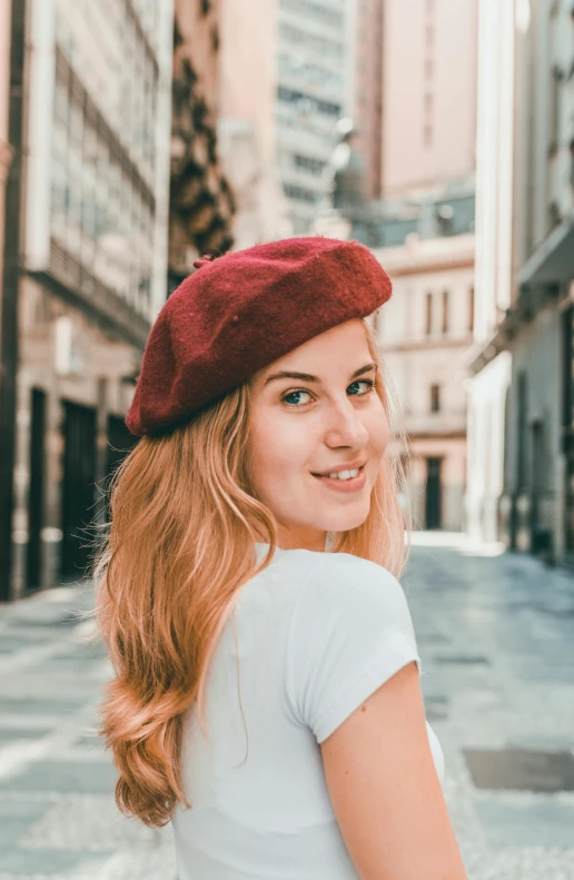 a woman in a white shirt and a red beret, trending on pexels, maroon, a blond, square, digital image