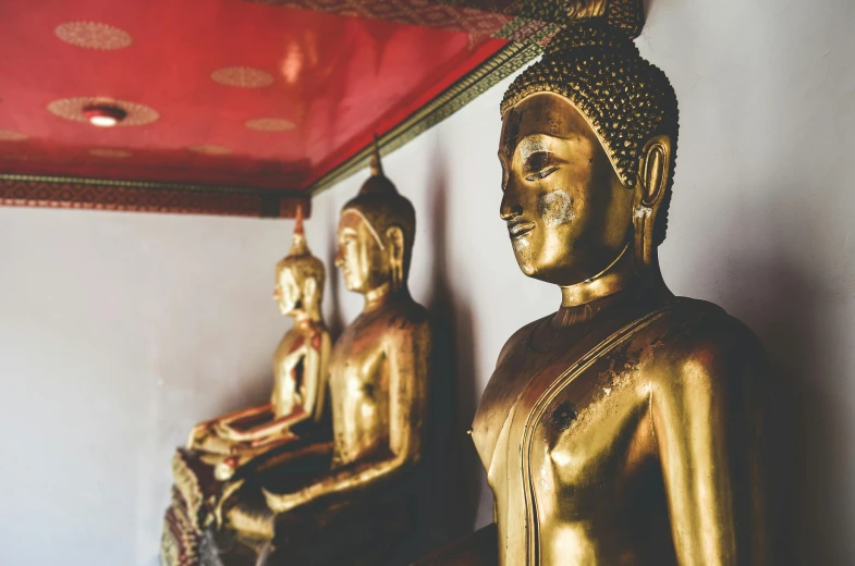 a row of golden buddha statues sitting next to each other, a statue, by Daniel Lieske, trending on unsplash, 🦩🪐🐞👩🏻🦳, conde nast traveler photo, vintage photo, gold and red accents