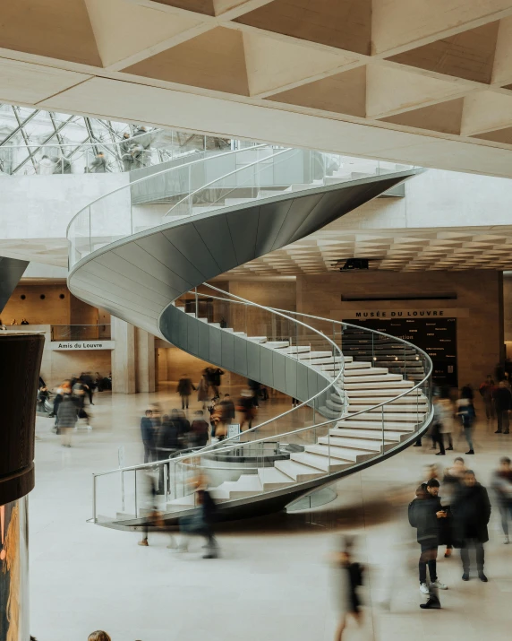 a group of people walking around a building, inspired by Thomas Struth, pexels contest winner, visual art, spiral, parametric structure, no legs, philippe starck