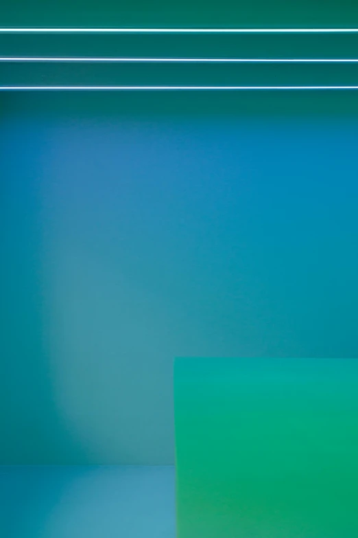 a blue and green room with neon lights, inspired by Raoul De Keyser, color field, waterline refractions, background(solid), square, hiroshi sugimoto