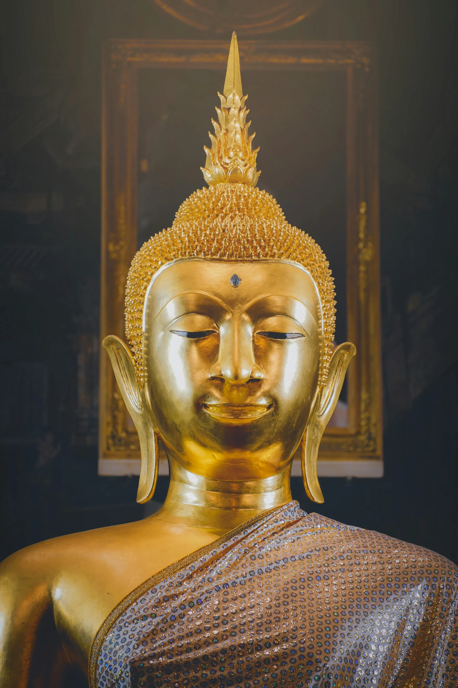 a golden buddha statue in a dark room, a statue, trending on unsplash, square facial structure, bangkok, superb detail 8 k, blue