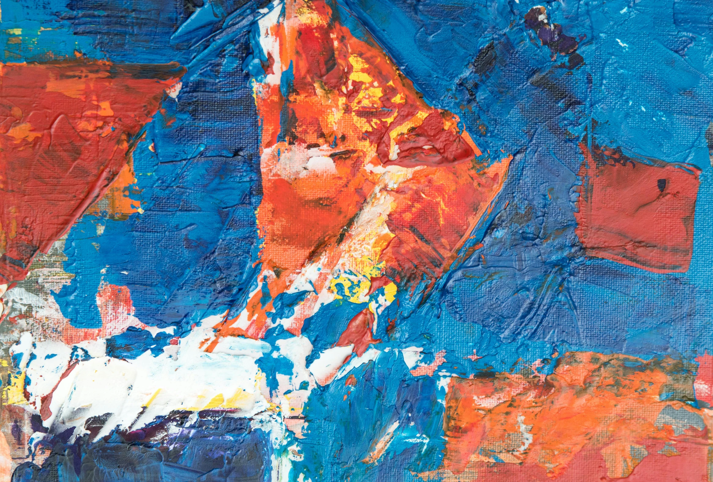 a close up of a painting on a canvas, pexels, abstract expressionism, blue and orange color scheme, torn paper collage, 144x144 canvas, blue and red color scheme