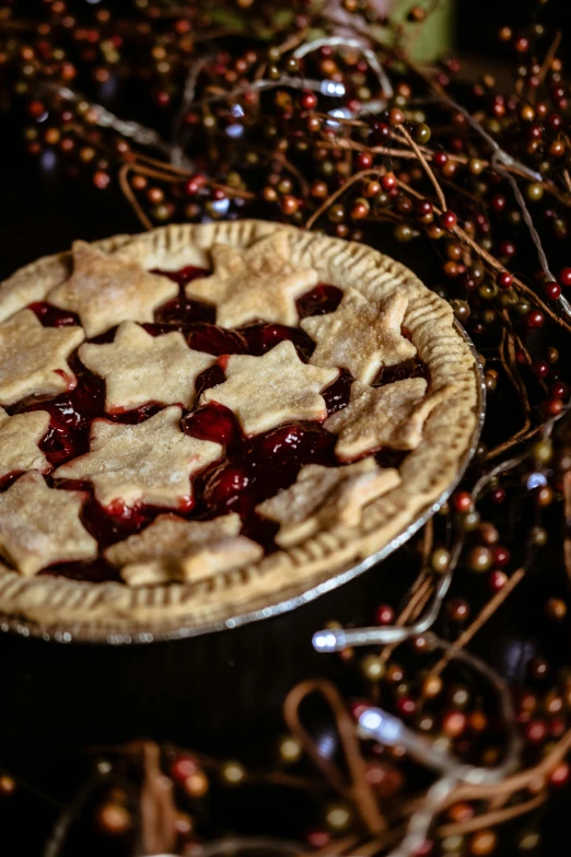 a pie sitting on top of a table next to berries, rugged | stars, front closeup, fully decorated, crimson