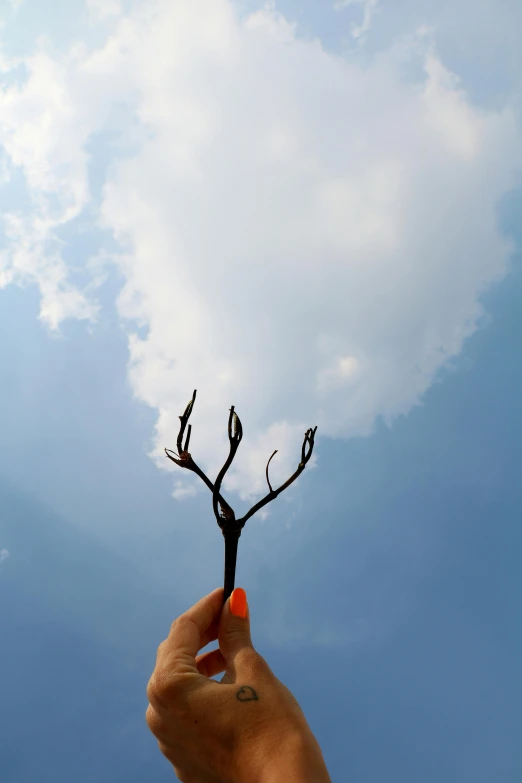 a person holding a small tree in the air, a surrealist sculpture, inspired by Dali, unsplash, land art, cloud in the sky, thin antlers, metal sculpture, ( ( photograph ) )