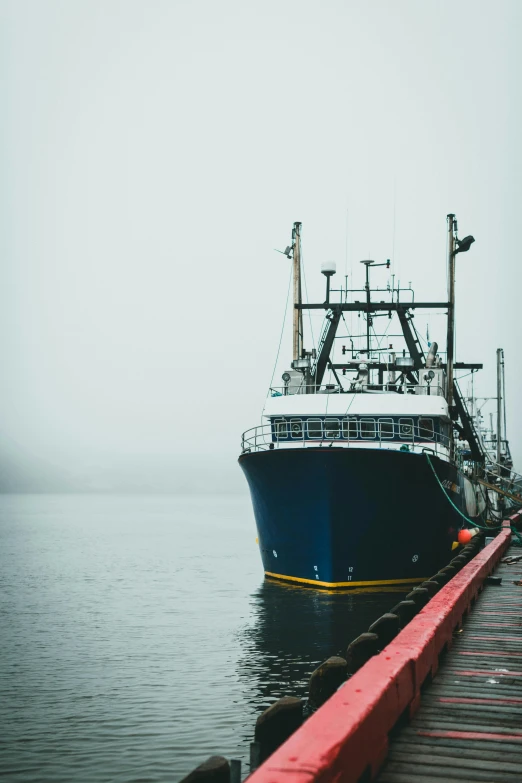 a boat docked at a dock on a foggy day, pexels contest winner, big graphic seiner ship, 2 5 6 x 2 5 6 pixels, arctic fish, navy