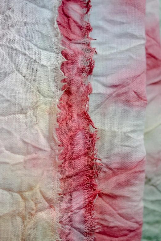 a close up of a piece of fabric, inspired by Louise Bourgeois, unsplash, process art, gradient white to red, tattered cloth robes, pink white and green, 165 cm tall