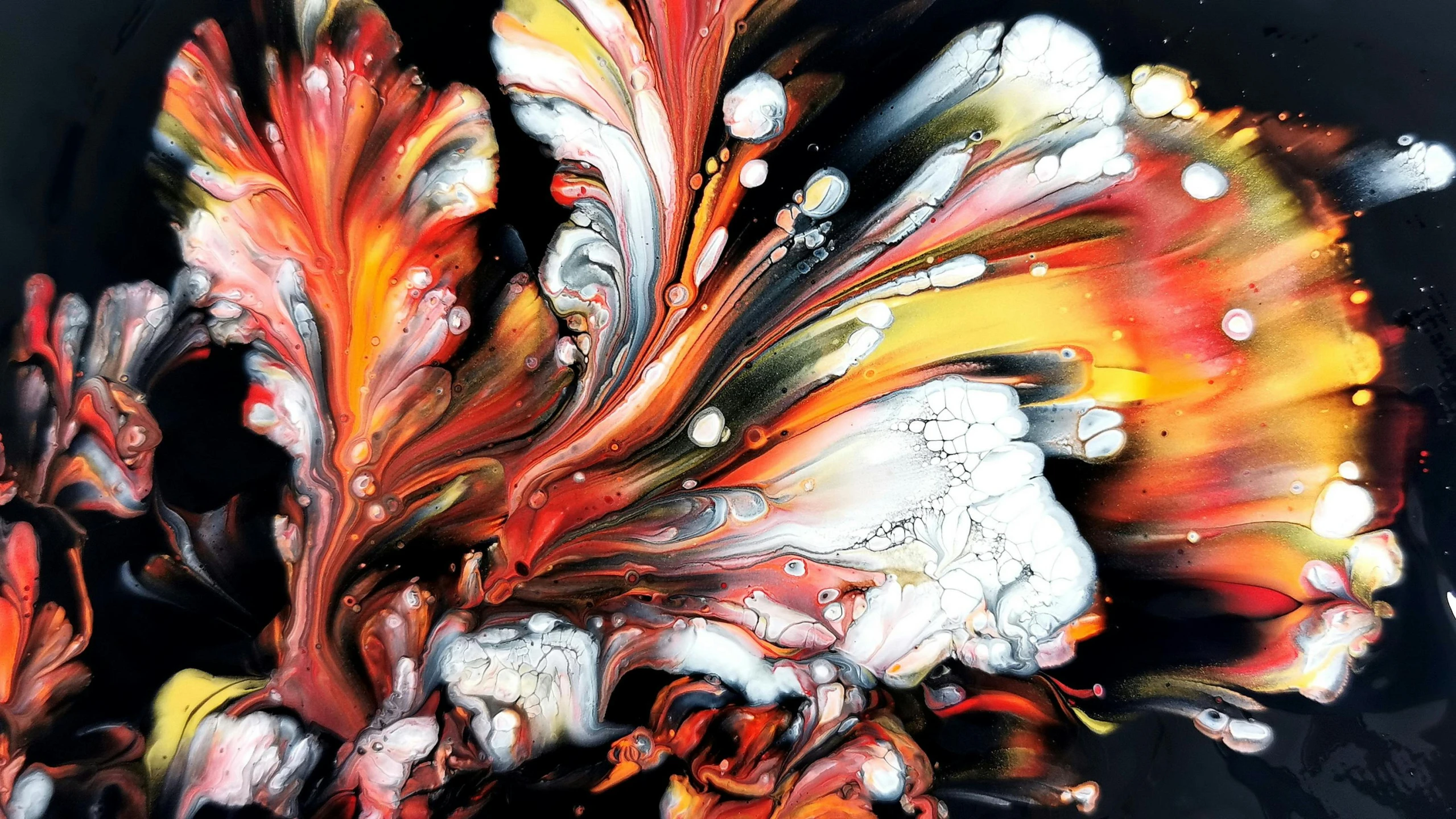 a close up of a painting on a black surface, orange red black white, chaotic swirling ferrofluids, 144x144 canvas, artwork