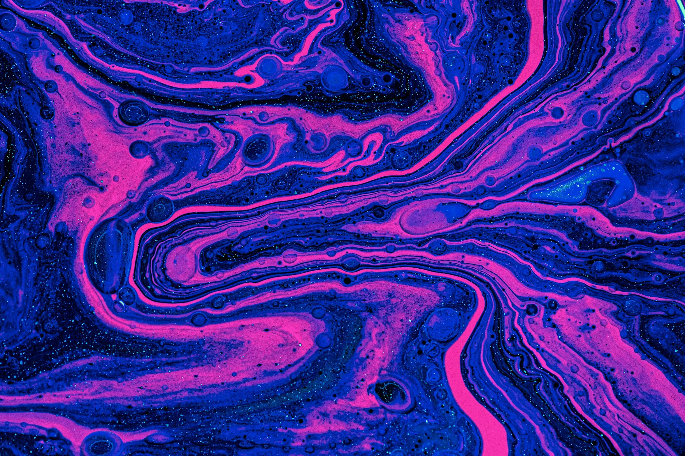 an abstract painting with purple and blue colors, a microscopic photo, inspired by Yves Klein, pexels, generative art, pink slime everywhere, ((synthwave)), marble skin, lsd waves