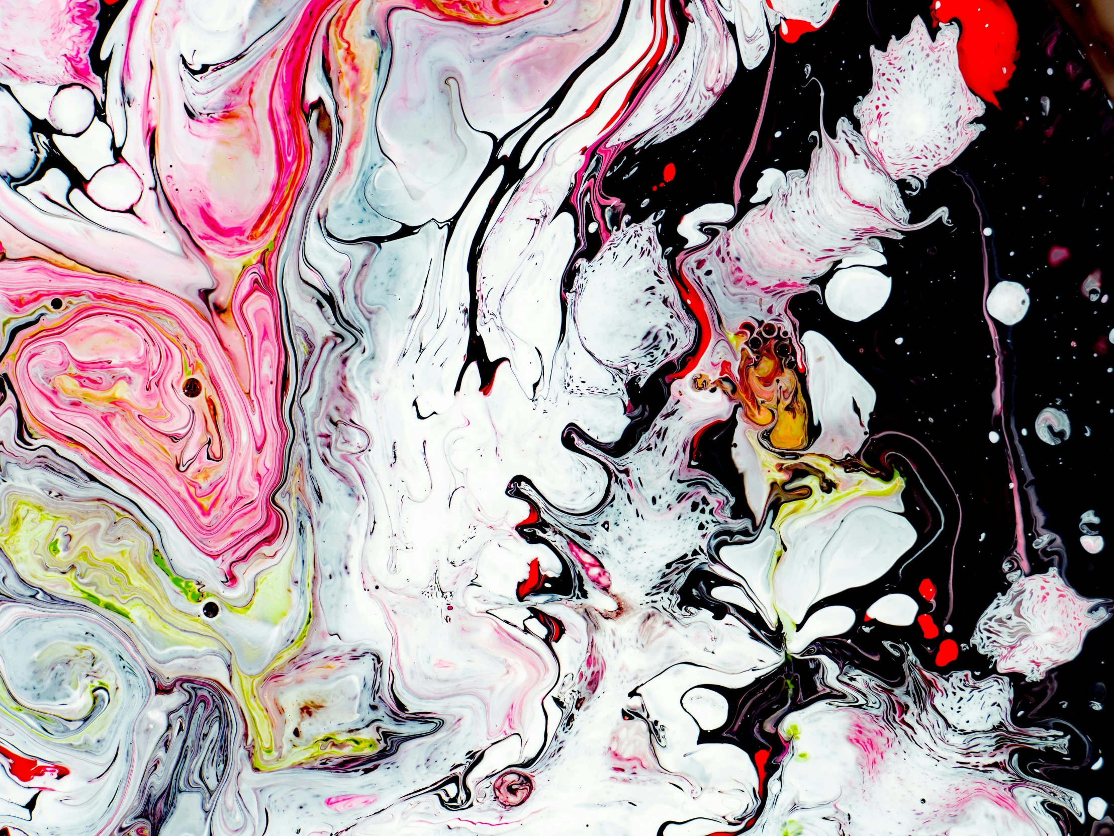 a close up of a painting on a table, inspired by Shōzō Shimamoto, trending on pexels, abstract expressionism, psychedelic lsd, black white pastel pink, made of liquid metal and marble, red white black colors