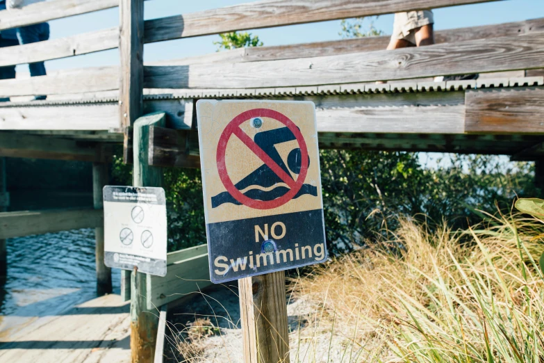 a no swimming sign sitting on top of a wooden pier, a portrait, unsplash, graffiti, rex orange county, thumbnail, portrait n - 9, unknown artist