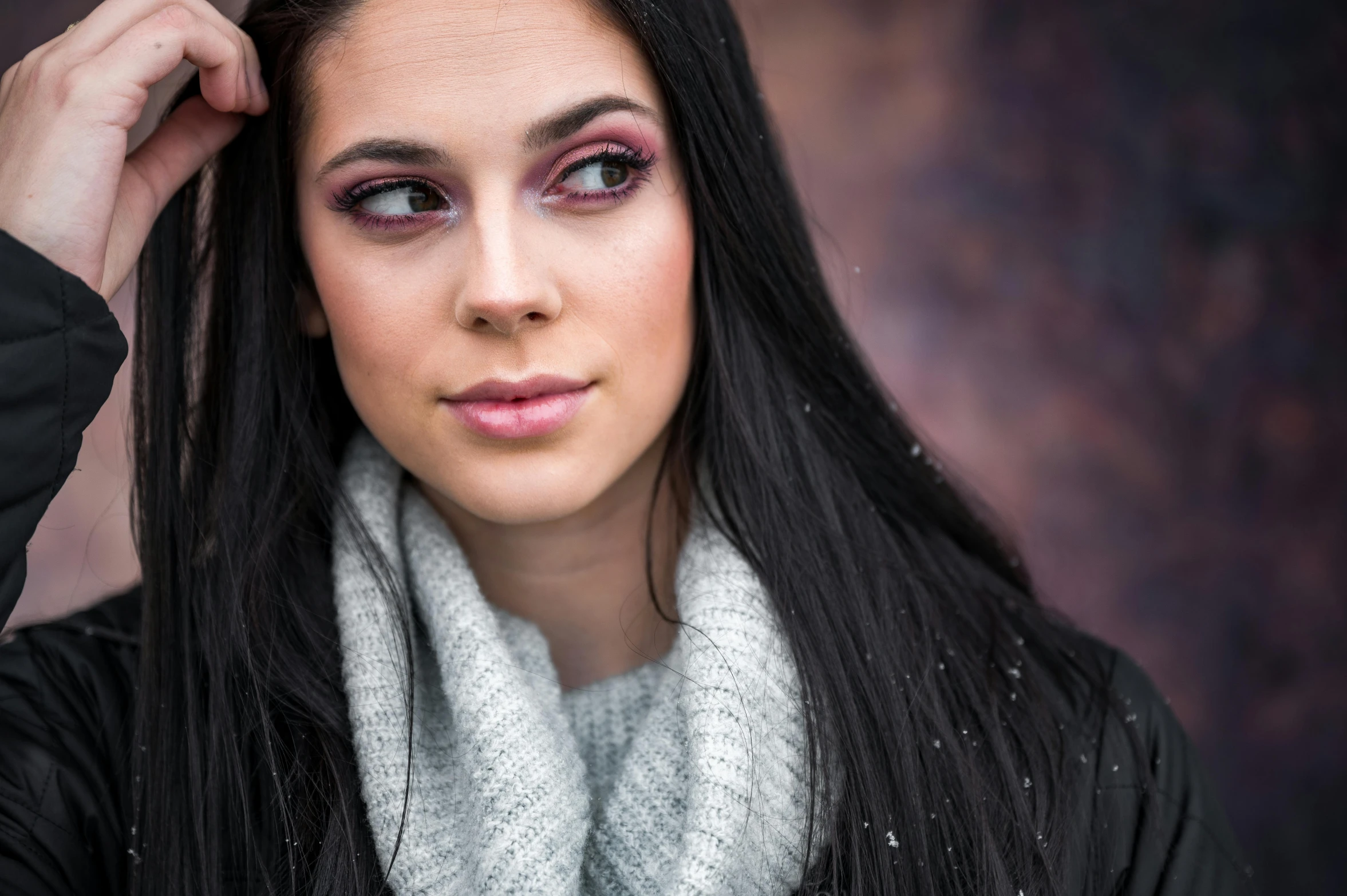 a woman with long black hair wearing a scarf, a portrait, trending on pexels, beautiful nordic woman, coloured photo, teenage girl, with professional makeup