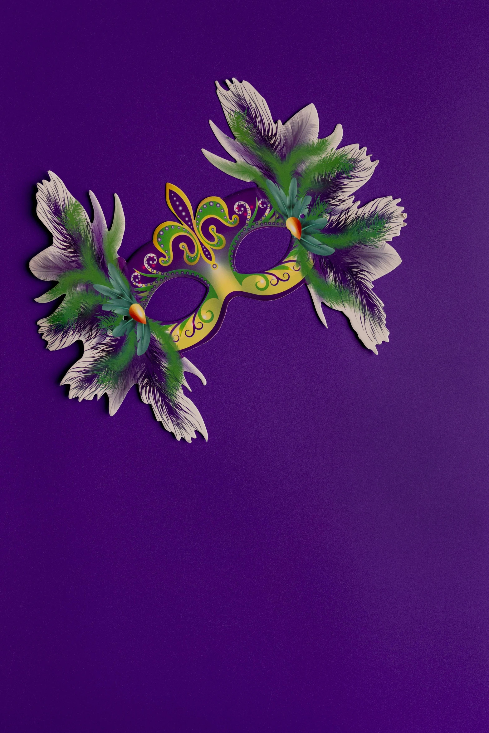 a mardi gras mask on a purple background, poster art, by Paul Bird, trending on pexels, ivy's, 2000s photo, diecut, high angle close up shot