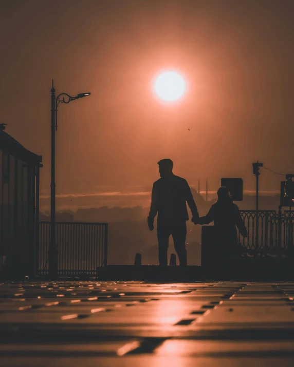 a couple holding hands as the sun sets, by Niko Henrichon, lgbtq, ((sunset)), night life, walking over you