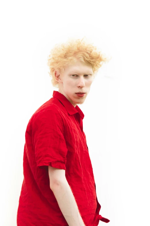 a boy in a red shirt is holding a skateboard, an album cover, by Lasar Segall, intense albino, headshot profile picture, pouting, albino white pale skin