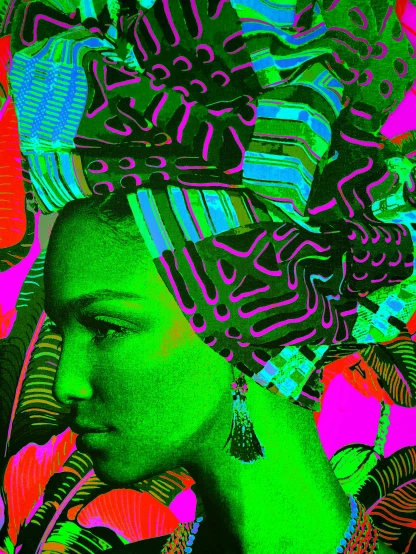 a woman with a colorful turban on her head, a pop art painting, inspired by Victor Moscoso, pexels contest winner, neon jungle, collage effect, vibrant green, digital art - n 9