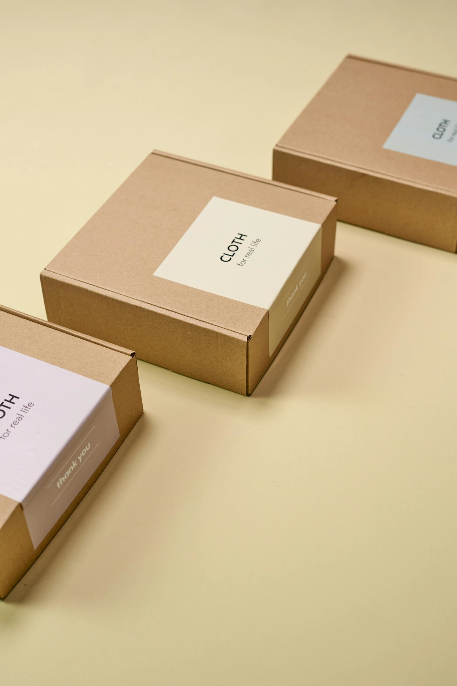 three boxes sitting next to each other on a table, by Eden Box, labels, muted colors with minimalism, thumbnail, lumen