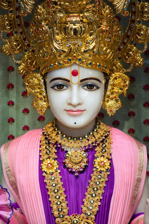 a close up of a statue of a woman, samikshavad, jeweled ornament over forehead, handsome face, a brightly colored, tim