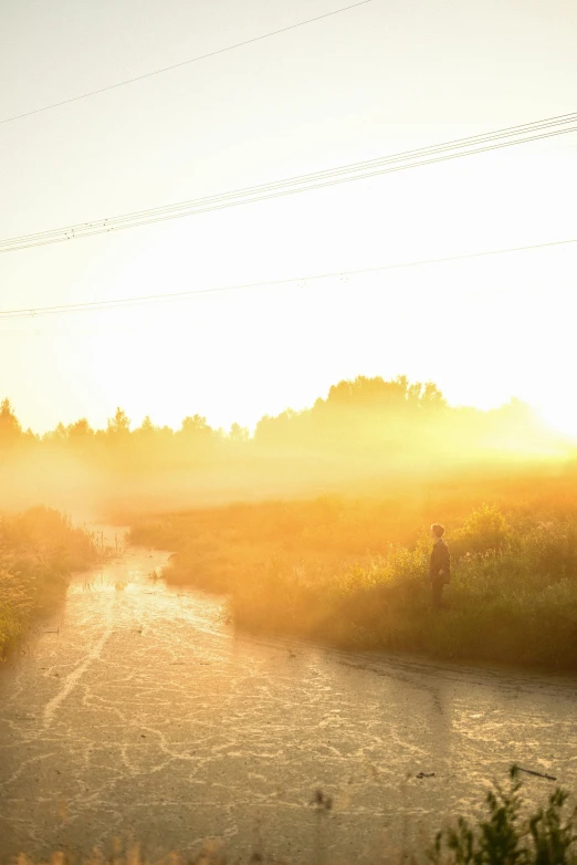 a person riding a horse down a dirt road, inspired by Gregory Crewdson, unsplash contest winner, sunlight reflected on the river, yellow volumetric fog, summer morning, countryside in japan