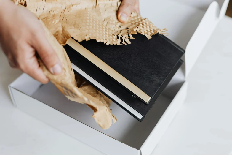 a person holding a book in a box, an album cover, by Liza Donnelly, pexels contest winner, sustainable materials, wrapped in black, notebook, delicate detailing golden stroke