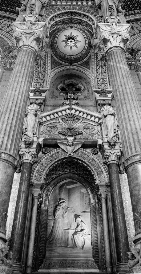 a black and white photo of the inside of a building, inspired by Gustav Doré, baroque, archs, shrine, front face, high detail photograph