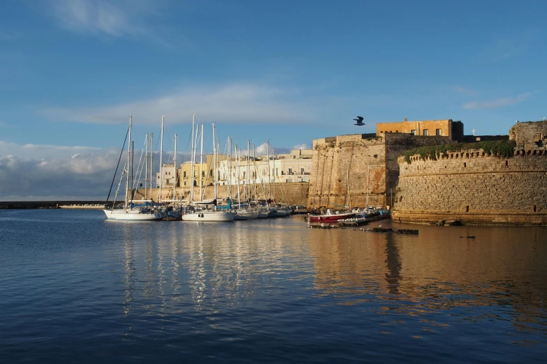 a number of boats in a body of water near a castle, by Carlo Martini, pexels contest winner, les nabis, apulia, thumbnail, zeppelin dock, sunny morning light