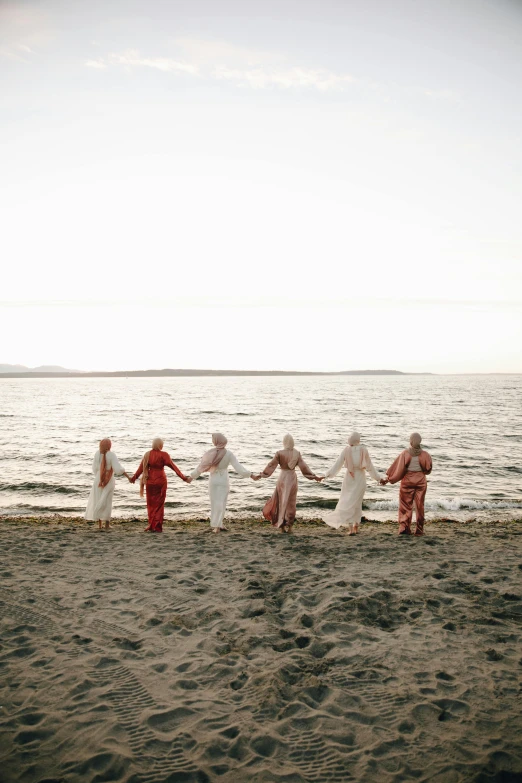 a group of people standing on top of a sandy beach, inspired by Brooke Shaden, unsplash, renaissance, embroidered brocade robes, pacific northwest, wedding, spinning hands and feet