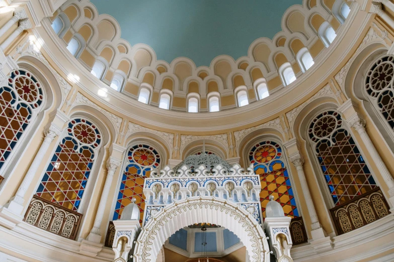 the interior of a church with stained glass windows, by Julia Pishtar, unsplash contest winner, art nouveau, mosque synagogue interior, neoclassical tower with dome, located in hajibektash complex, sky blue