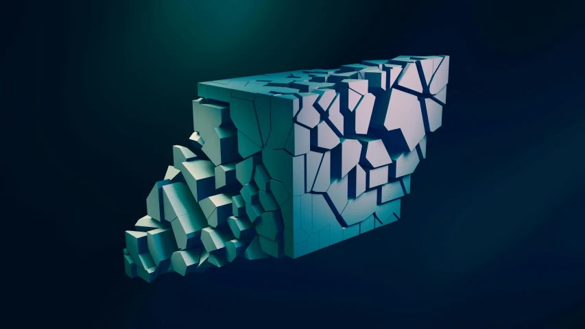 a broken piece of glass sitting on top of a table, inspired by Mike Winkelmann, trending on polycount, crystal cubism, fragmented typography, magicavoxel, cracked steel, lit. 'the cube'