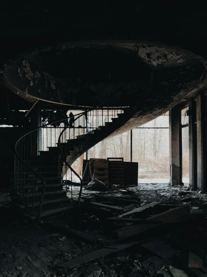 a black and white photo of a staircase in an abandoned building, inspired by Elsa Bleda, pexels contest winner, brutalism, post apocalyptic room interior, burning building, apocalyptic 8k, instagram story
