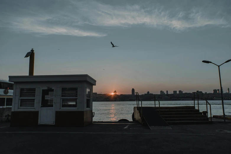 a couple of birds flying over a body of water, pexels contest winner, postminimalism, city sunset, harbour in background, “gas station photography, desktop wallpaper