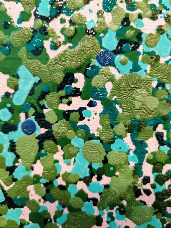 a painting of green and blue confetti sprinkles, a detailed painting, inspired by Art Green, unsplash, dissoldissolglaze カpaint melting, intricate biopunk patterns, closeup!!, meredith schomburg
