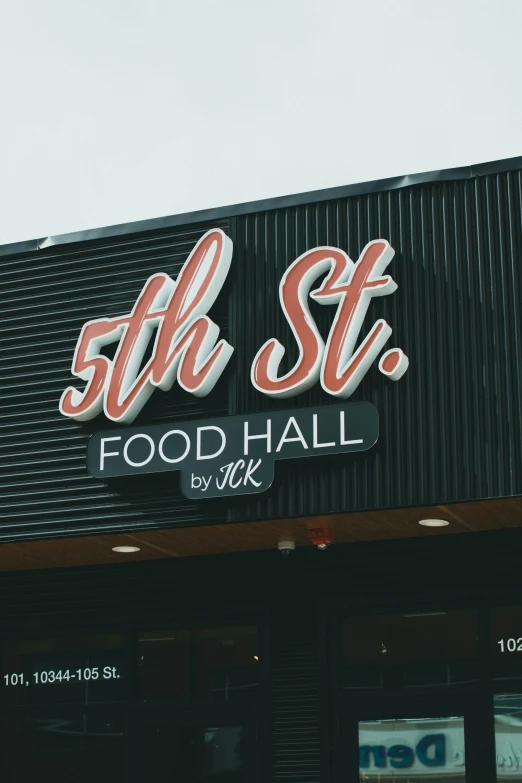 a close up of a sign on the side of a building, poster art, by Zack Stella, trending on unsplash, local foods, fine 5 k details, big hall, by :5 sexy: 7