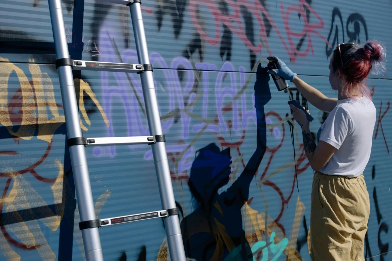 a woman painting a mural on the side of a building, unsplash, graffiti, ladders, background image, metal panels, far - mid shot