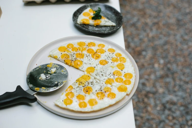 a pizza sitting on top of a white plate, inspired by Géza Dósa, private press, raw egg yolks, polka dot, eating outside, high quality product image”