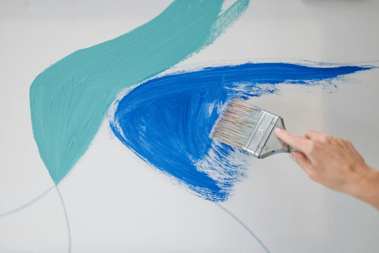 a person using a brush to paint a wall, a minimalist painting, inspired by Friedel Dzubas, trending on pexels, picton blue, intricate flowing paint, with a white background, turquoise palette
