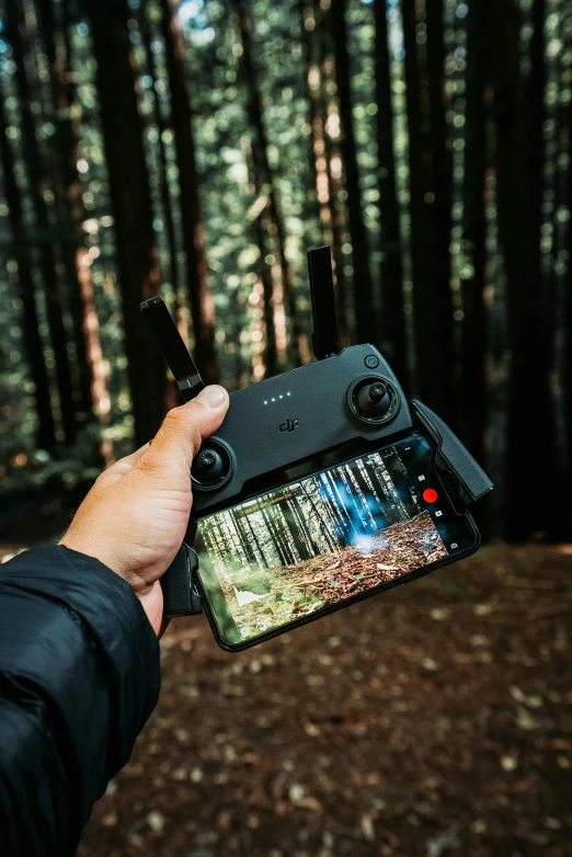 a person holding a video game controller in their hand, a picture, by Matthias Stom, unsplash contest winner, photograph captured in the woods, helicopter drones, shot with hasselblad, inspect in inventory image