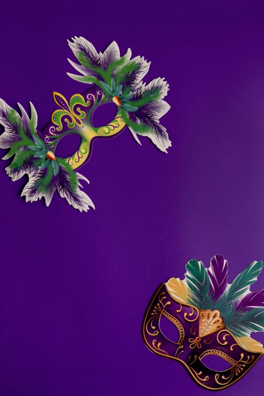 a couple of masks sitting on top of a purple wall, poster art, by Gwen Barnard, high angle close up shot, fronds, diecut, elaborately costumed