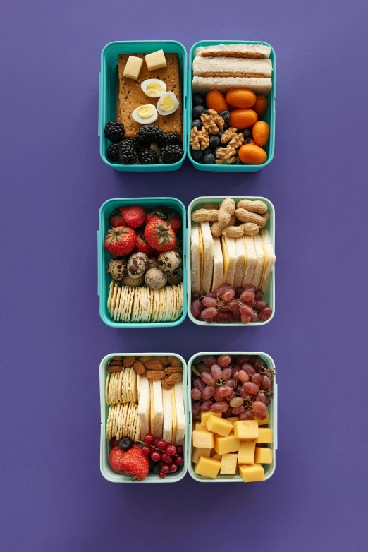 a number of containers filled with different types of food, a portrait, by Alison Geissler, purple and blue color scheme, having a snack, 6 pack, full-shot