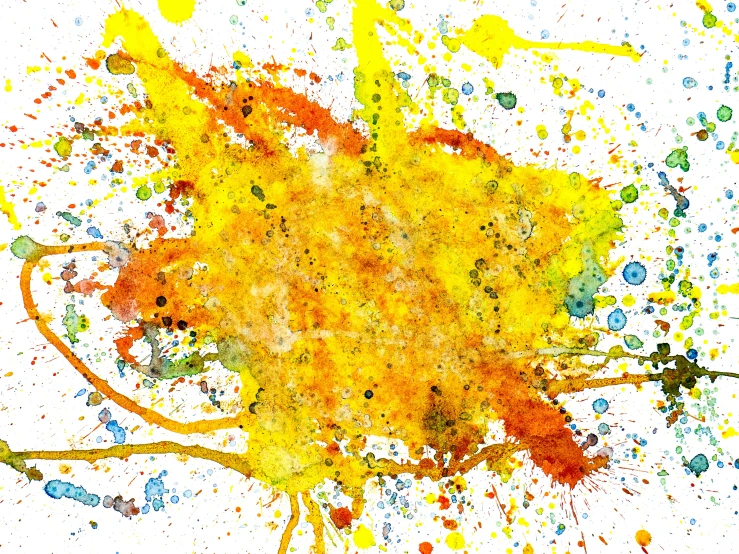 yellow and red paint splattered on a white surface, a watercolor painting, high art, yellow, burst of colour, fine-art