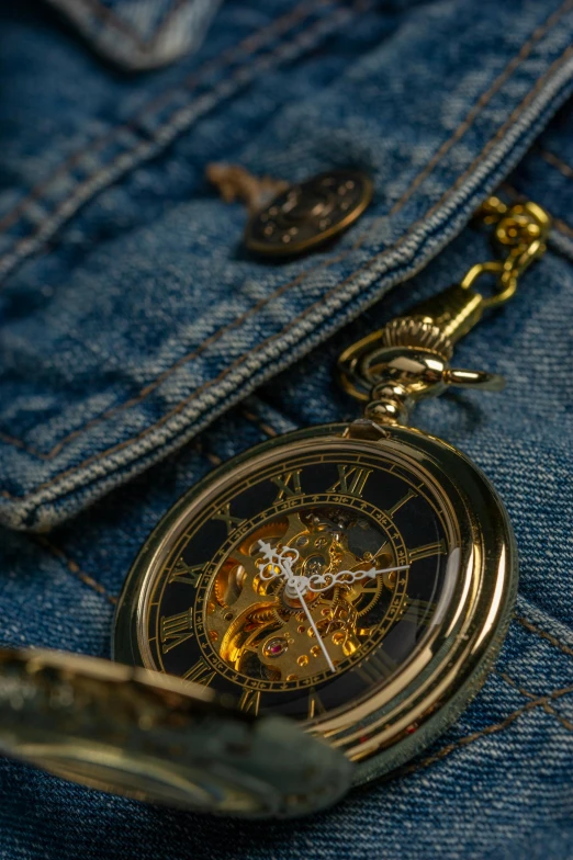 a pocket watch sitting on top of a pair of jeans, inspired by Augustus Vincent Tack, renaissance, taken with sony alpha 9, thumbnail, golden accessories, medium close shot
