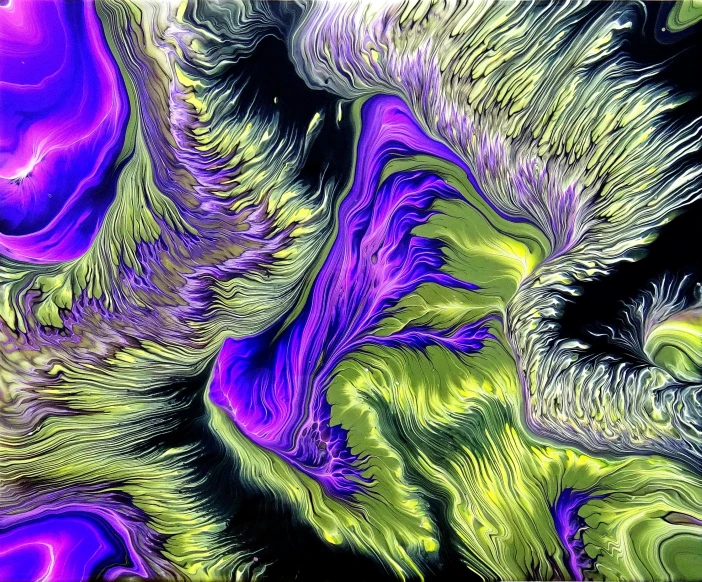 a close up of a purple and green painting, by Arnie Swekel, generative art, black fluid simulation, rippling muscles, yellow purple green, alien flora