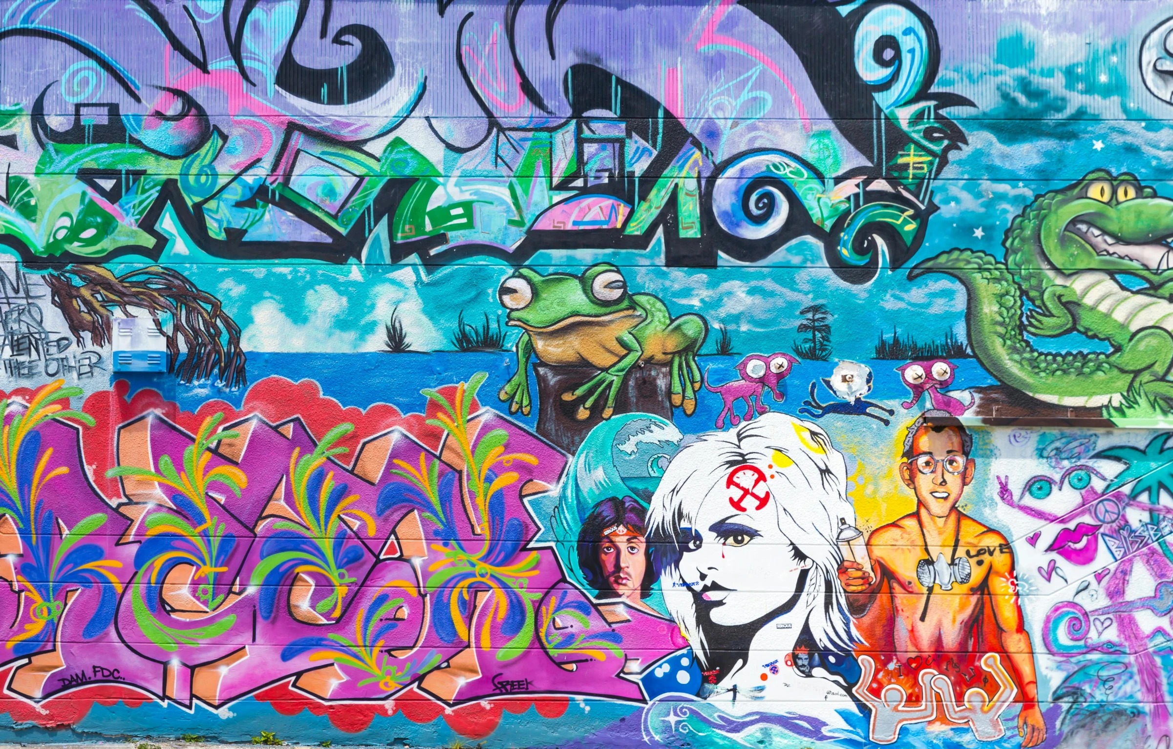 a wall covered in lots of colorful graffiti, graffiti art, by Meredith Dillman, pexels, graffiti, psychedelic frog, seaside, godesses, 64x64